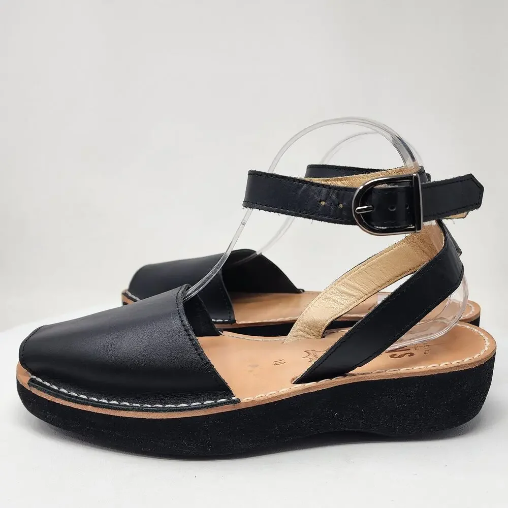 PONS Mediterranean Avarca Sandals Black Leather Adjustable Ankle Strap 524 - Picture 6 of 14